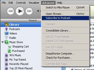 The Subscribe to Podcast menuitem in the iTunes Advanced menu.